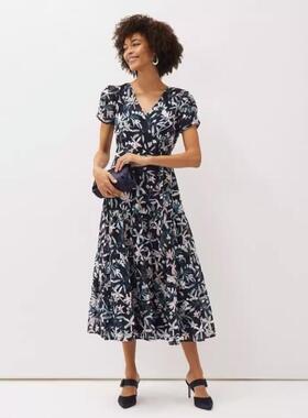 Phase Eight连衣裙短袖碎花藏蓝中长高腰修身系带V领飘逸优雅百搭