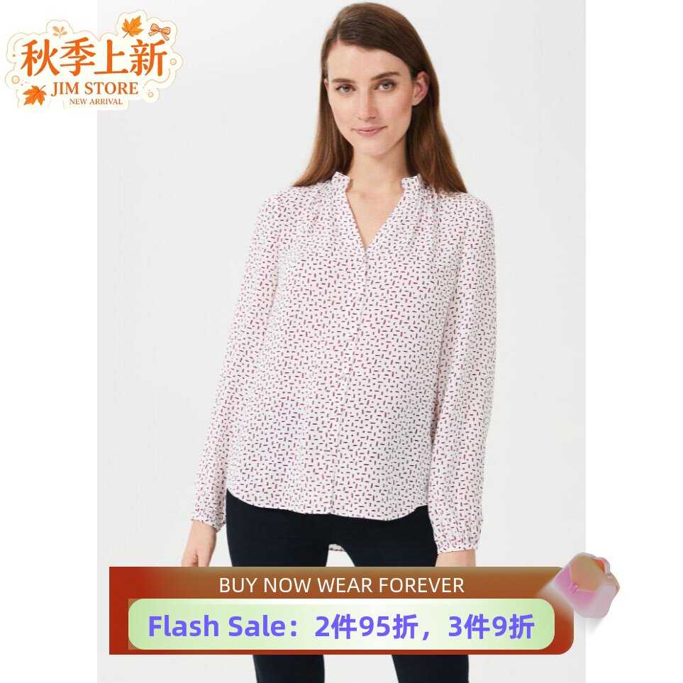 HOBBS长袖衬衫衬衣白色波点V领宽松雪纺休闲淑女通勤百搭
