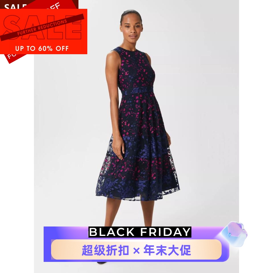 HOBBS藏蓝刺绣连衣裙优雅英伦
