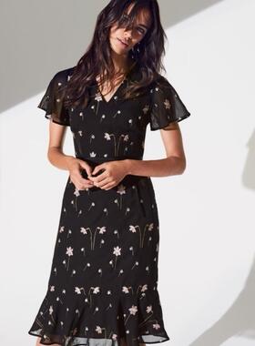 Phase Eight短袖连衣裙黑色碎花刺绣H型修身纱网优雅气质英伦通勤