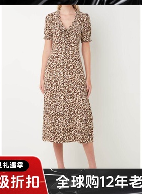 WHISTLES短袖连衣裙中长A字修身V领浅黄豹纹印花气质英伦通勤百搭