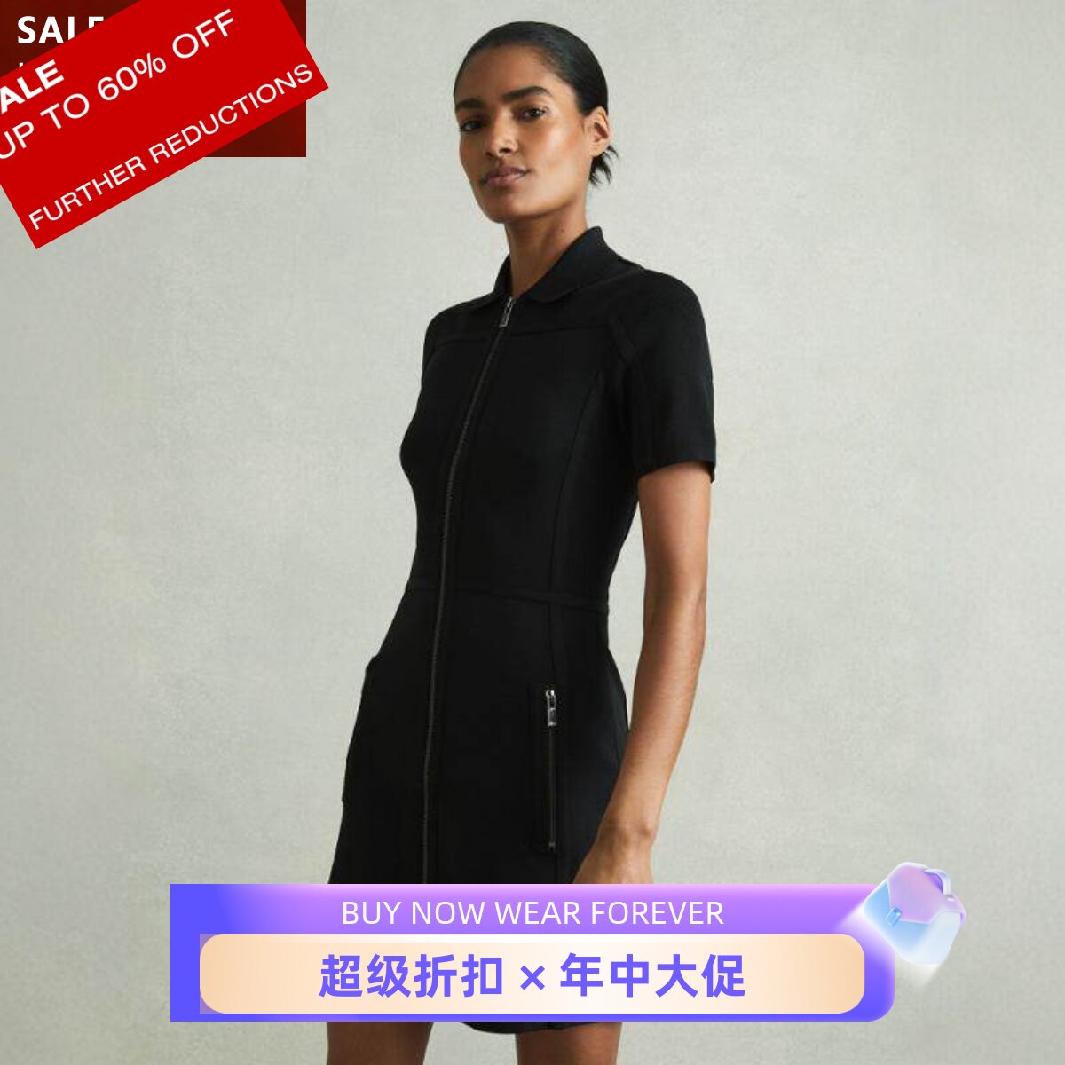 REISS短袖连衣裙衬衫裙短裙黑色拉链对称口袋优雅干练修身显瘦