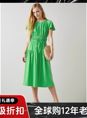 LK BENNETT绿色短袖连衣裙中长圆领纯色褶皱系带棉混纺简约淑女风