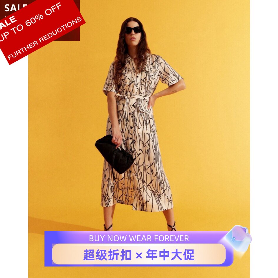 UNI CLOSET短袖衬衫裙连衣裙中长黑白竹子印花水墨风优雅百搭气质