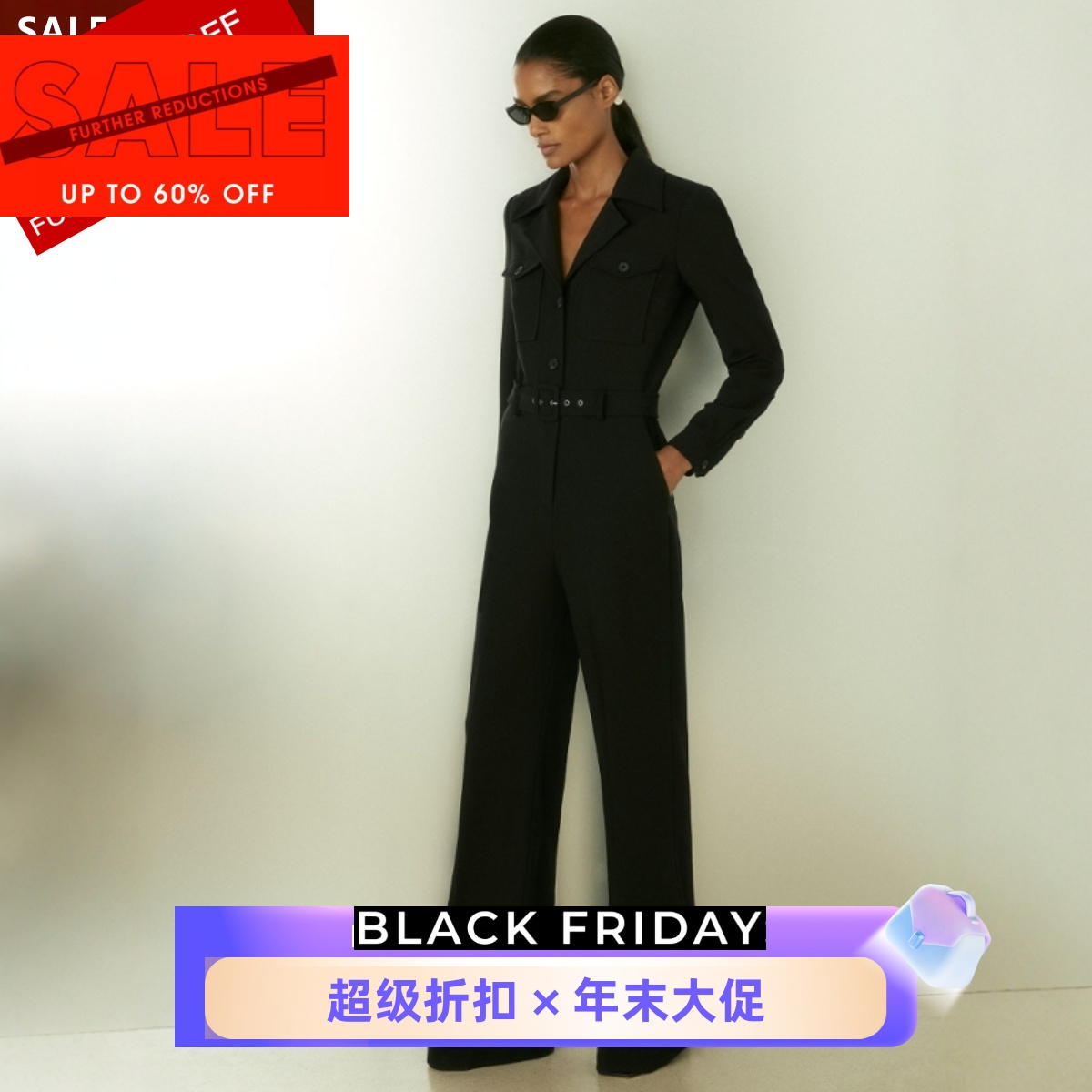 REISS黑色长袖连体裤长裤西服领配腰带垫肩气质英伦干练OL风