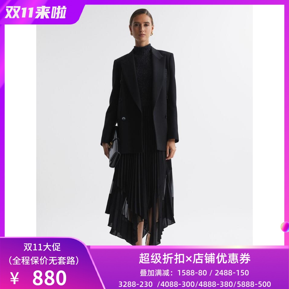 REISS百褶裙半身裙黑色中长不规则裙摆纱网拼接优雅气质通勤百搭
