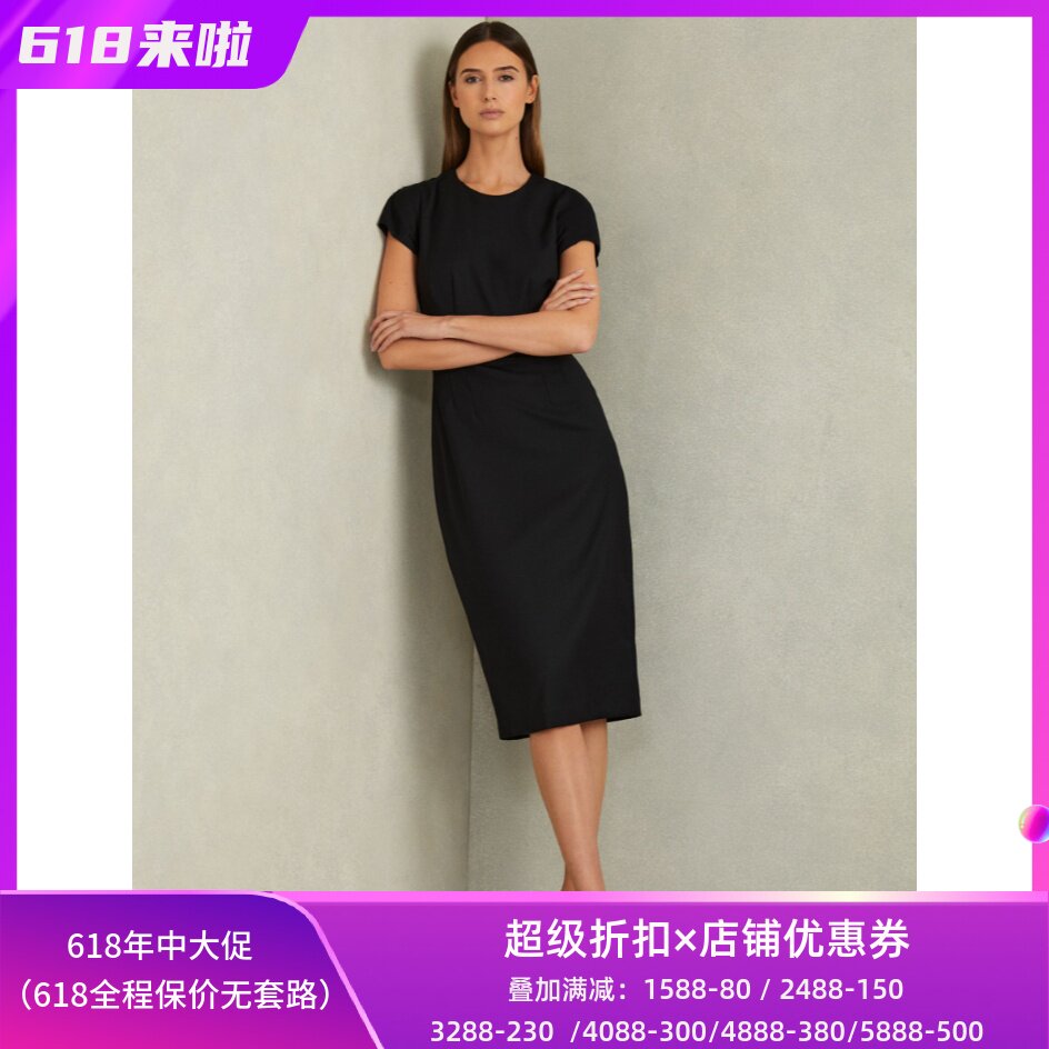 REISS黑色短袖连衣裙包臀裙通勤西服裙纯色中长款修身显瘦干练OL