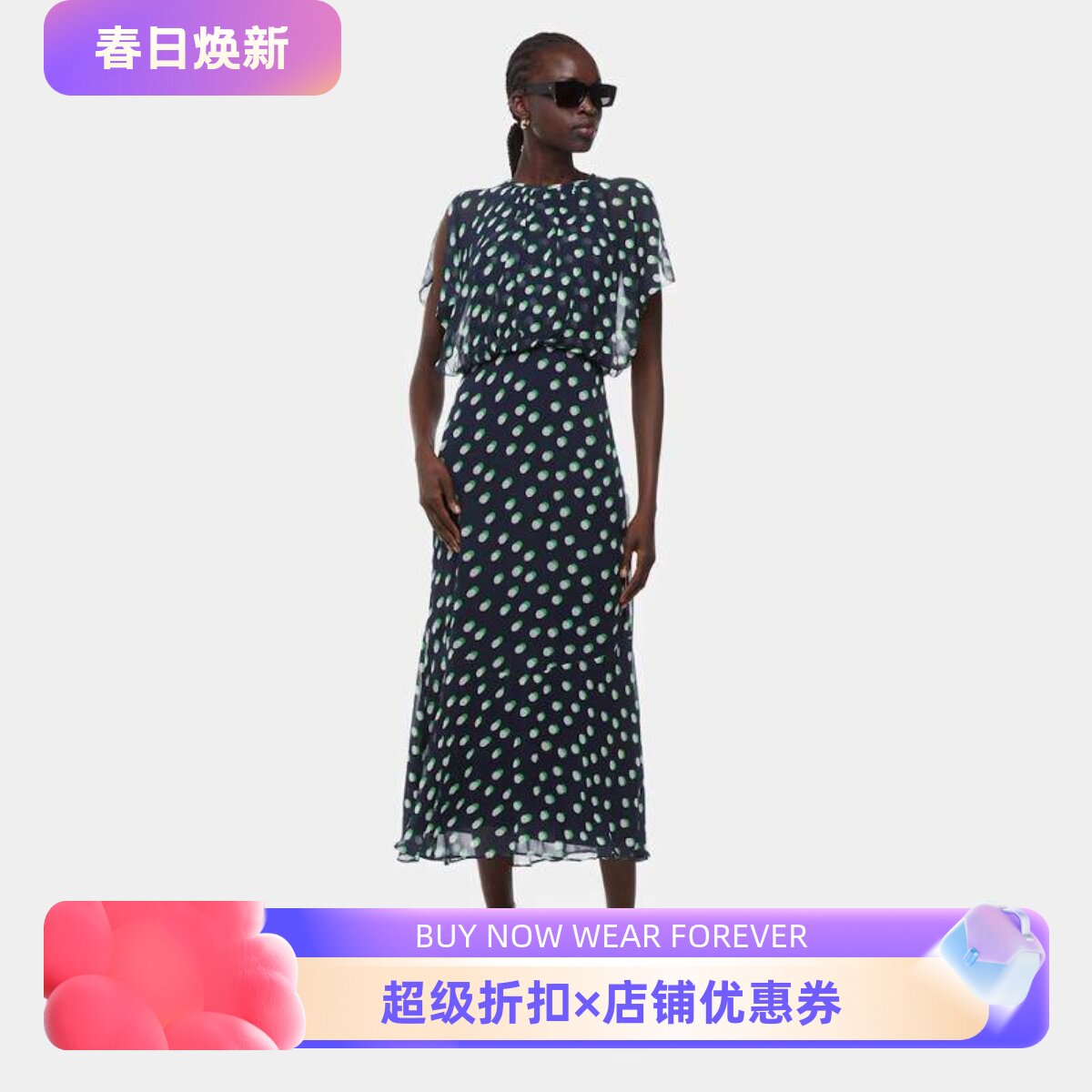 WHISTLES短袖连衣裙中长藏蓝波点纱网拼接修身显瘦气质英伦优雅