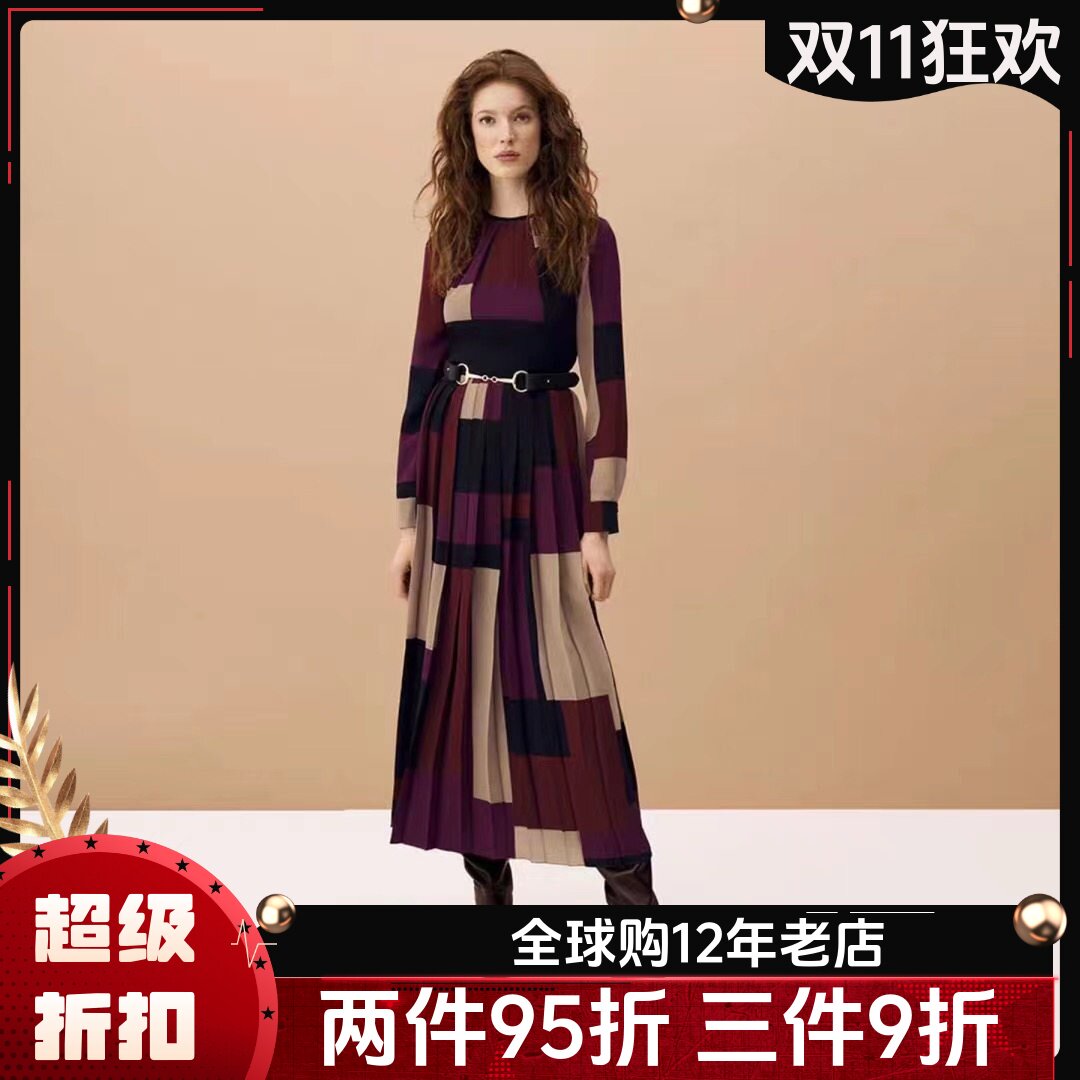 HOBBS长袖百褶裙拼色格纹百搭