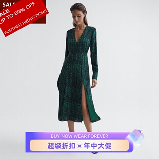REISS长袖连衣裙V领墨绿色竖条纹中长高腰侧开衫优雅休闲英伦气质