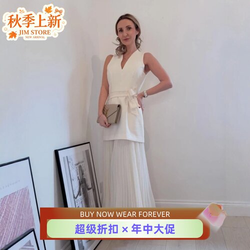 Phase Eight假两件象牙白连衣裙无袖百褶裙中长款系带优雅大气OL
