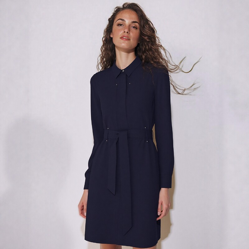Phase Eight长袖连衣裙衬衫裙藏蓝色系带纯色气质优雅通勤百搭OL
