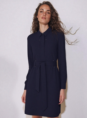 Phase Eight长袖连衣裙衬衫裙藏蓝色系带纯色气质优雅通勤百搭OL