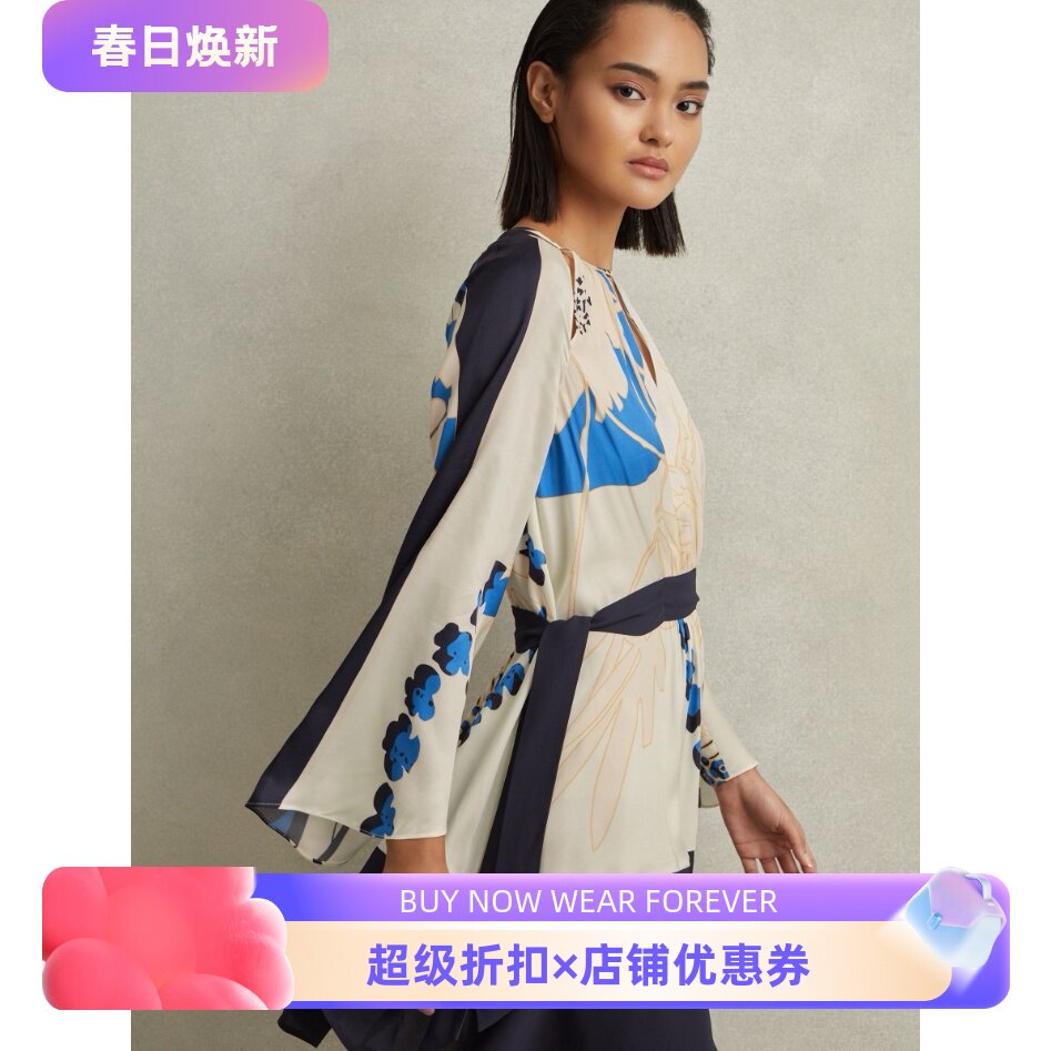 RESS长袖连衣裙浅蓝碎花印花系带飞飞袖气质淑女清新百搭