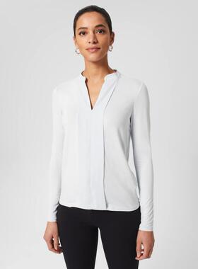 HOBBS长袖衬衫衬衣T恤V领微弹修身纯色简约气质通勤OL淑女干练