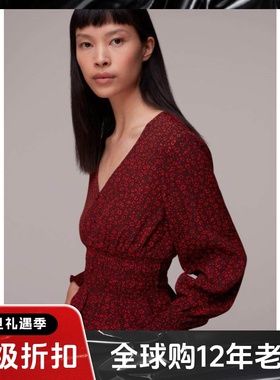 WHISTLES红色碎花很少衬衣V领短款弹力修身英伦气质百搭显瘦