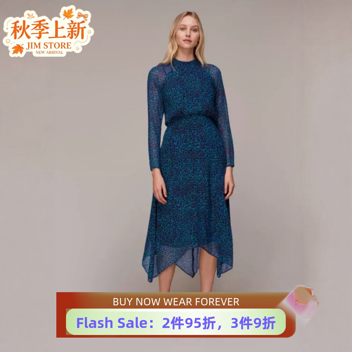 Phase Eight长袖连衣裙青蓝色中长不规则裙摆高腰气质英伦显瘦