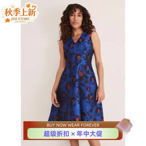 Phase Eight孔雀蓝印花A字裙V领高腰修身优雅英伦风气质优雅显瘦
