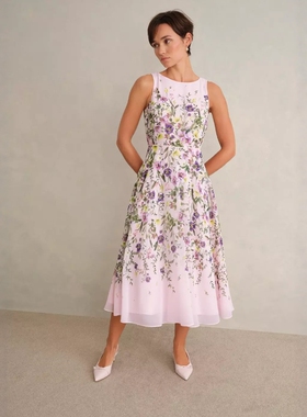 HOBBS淡粉碎花连衣裙无袖中长A字飘逸背心裙优雅淑女仙女风