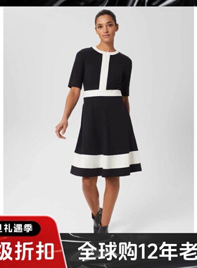 HOBBS短袖连衣裙藏蓝A字白色条纹装饰经典英伦风气质显瘦百搭