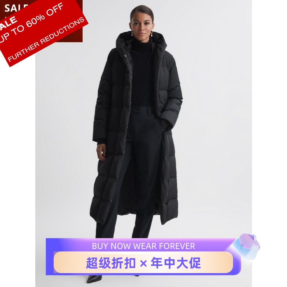 REISS黑色中长款连帽羽绒服配腰带格纹优雅英伦风休闲显瘦百搭