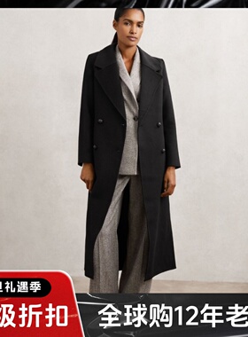 REISS黑色双排扣双面羊毛毛呢大衣外套西服领翻毛领中长系带英伦