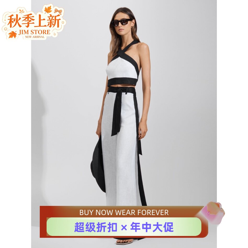 REISS白色女裤长裤休闲裤夏季亚麻系带侧条纹直筒简约休闲气质