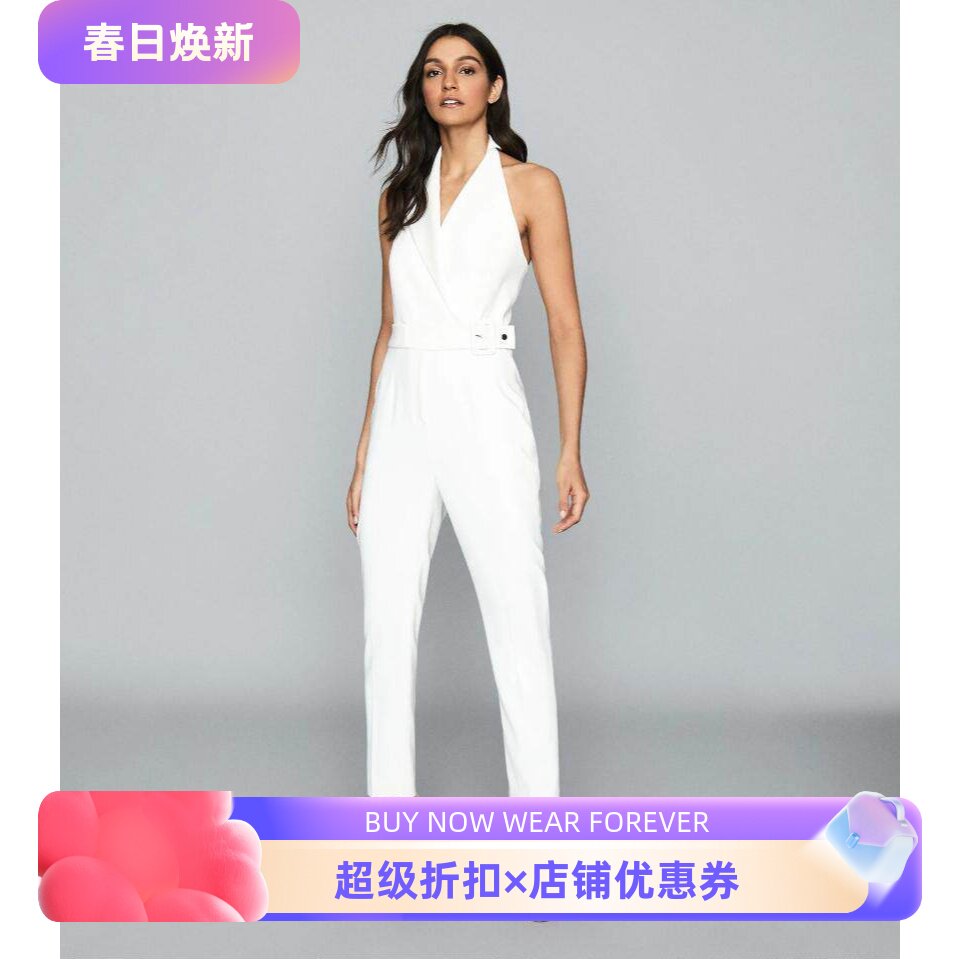 REISS夏季新连体裤连衣裤白色露背长裤挂脖束腰西服领优雅气质