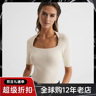 REISS短袖针织衫乳白色方领短款修身竖坑条简约淑女通勤气质百搭