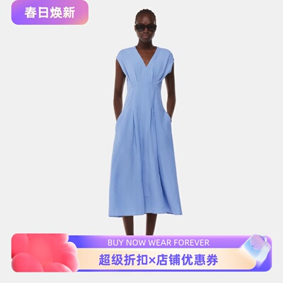 WHISTLES浅蓝盖肩袖连衣裙中长款高腰修身V领褶皱纯色优雅大气