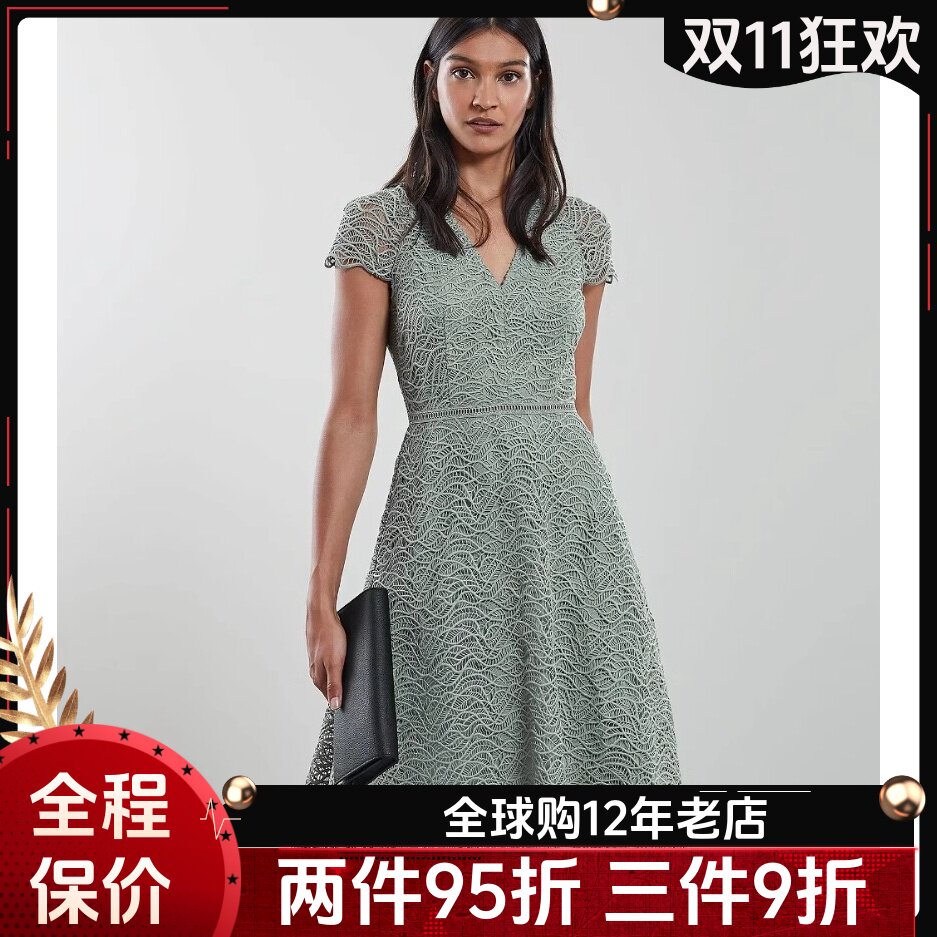 REISS短袖连衣裙度假裙浅绿A字重工蕾丝中长纯色高腰修身露背
