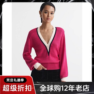 REISS针织衫毛衣粉色V领短款条纹拼色装饰气质通勤淑女百搭