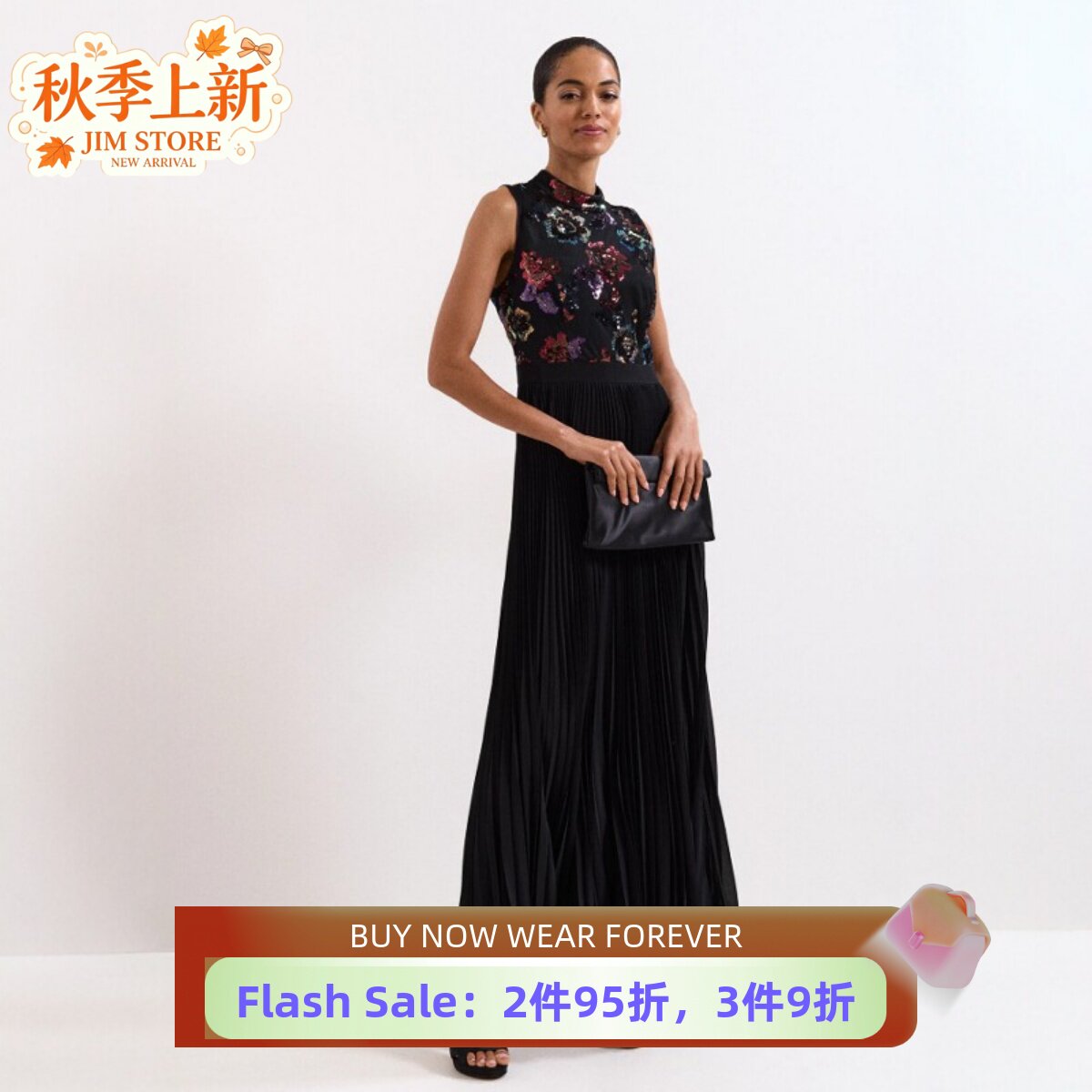 Phase Eight黑色礼服裙连衣裙百褶长裙重工亮片碎花优雅大气英伦