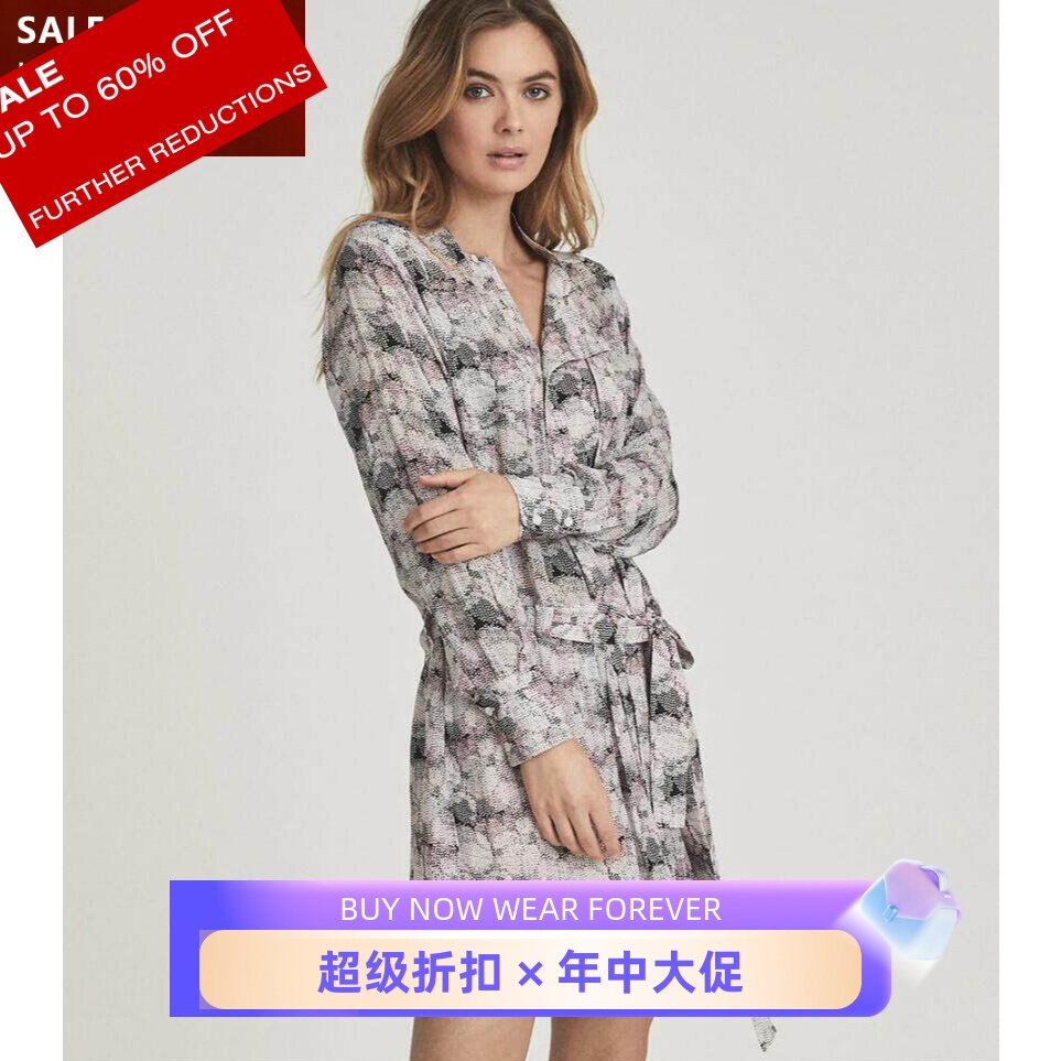 REISS长袖连衣裙衬衫裙一步裙束腰粉色印花优雅气质通勤OL百搭