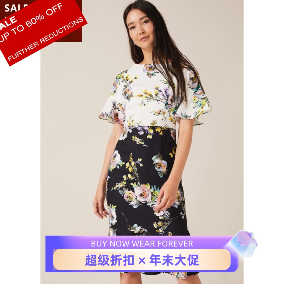 Phase Eight短袖包臀连衣裙鱼尾裙碎花印花拼色优雅通勤OL百搭