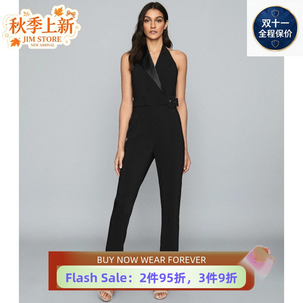 REISS夏季新连体裤连衣裤无袖西服领长裤直筒黑色束腰干练通勤OL