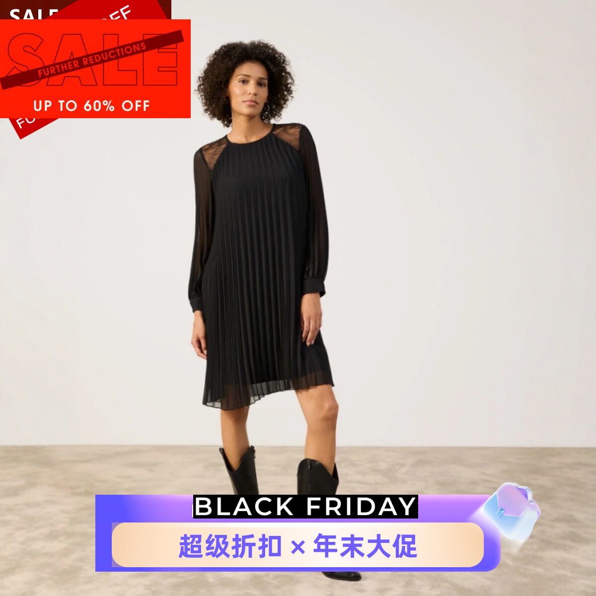 UNI CLOSET黑色长袖百褶连衣裙肩部镂空纯色气质通勤OL大气百搭