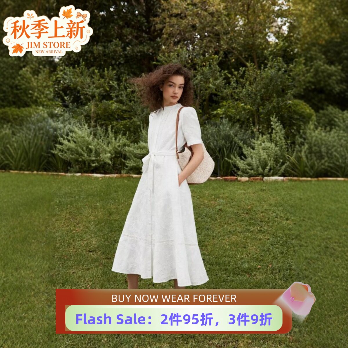 HOBBS白色短袖连衣裙衬衫裙中长系带暗花蕾丝简约优雅气质百搭