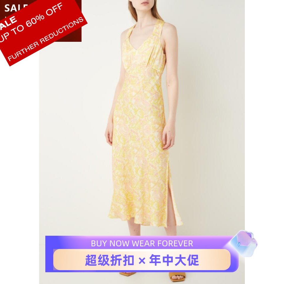 WHISTLES连衣裙度假裙长裙浅黄碎花无袖露背清新淑女百搭优雅气质