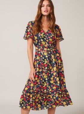 Phase Eight短袖连衣裙中长碎花A字系带修身优雅英伦淑女百搭显瘦