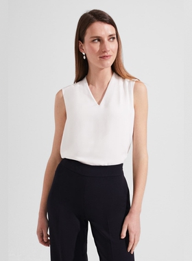 HOBBS象牙白V领直筒衬衣衬衫无袖纯色简约日常通勤百搭舒适