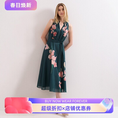 Phase Eight无袖连衣裙V领青绿印花系带高腰修身优雅气质飘逸百搭