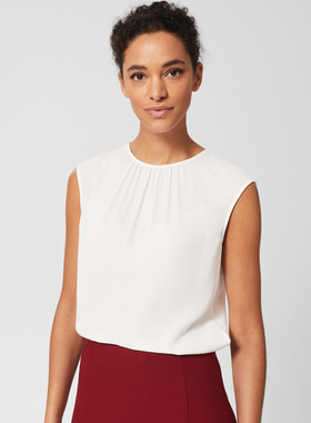 HOBBS短袖白色T恤上衣衬衣直筒宽松褶皱圆领清新淑女简约百搭