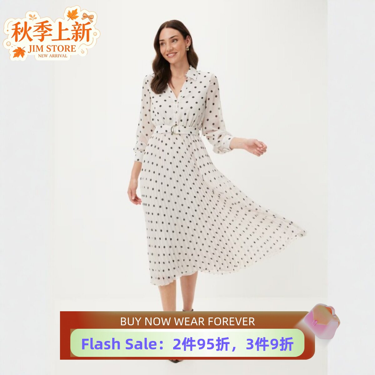 UNI CLOSET长袖连衣裙百褶裙白底波点衬衫领清新淑女优雅百搭气质