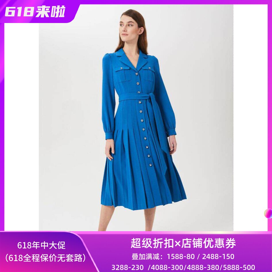 HOBBS蓝色西服领百褶连衣裙