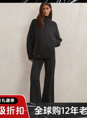 REISS黑色全羊毛毛衣针织衫高领直筒下摆侧拉链简约气质日常百搭