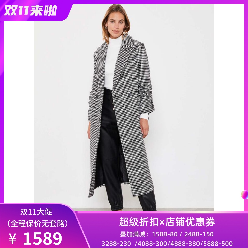 UNI CLOSET西服领羊毛毛呢大衣外套千鸟格黑白双排扣中长修身英伦