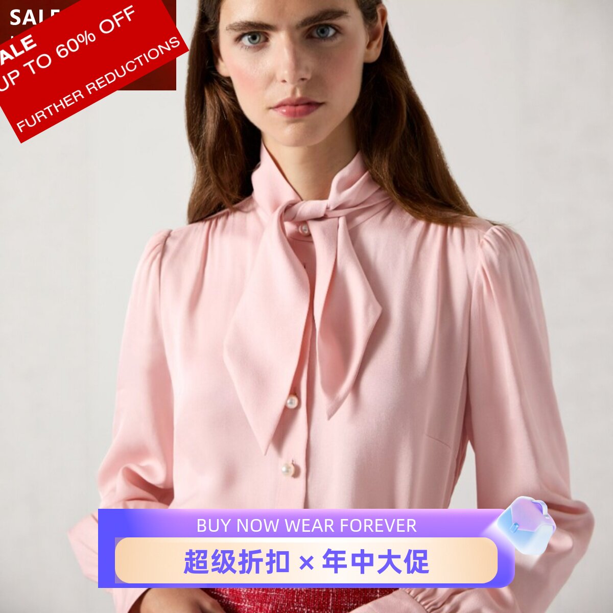 LK BENNETT淡粉长袖衬衫衬衣蝴蝶结系带领口纯色简约淑女日常通勤