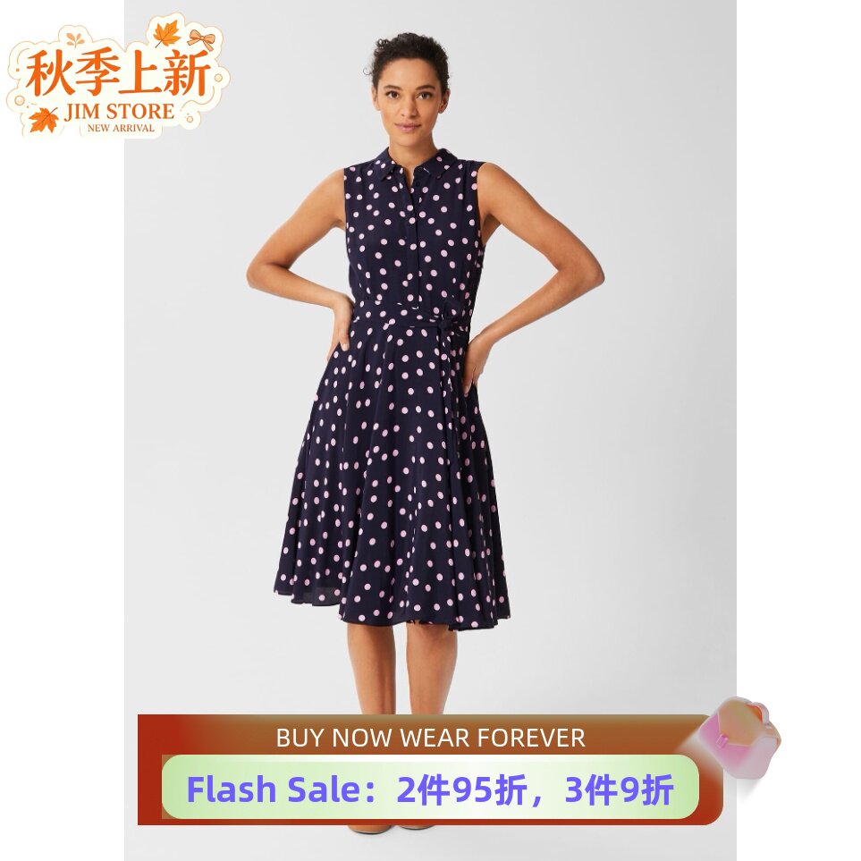 HOBBS藏蓝粉波点衬衫裙英伦淑女