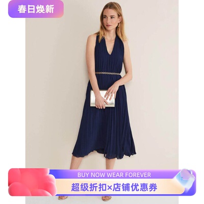 PhaseEight藏蓝百褶连衣裙优雅